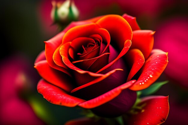 Cerca de una rosa roja en el jardín de fondo oscuro