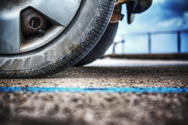 Cerca de una rueda de coche en el suelo