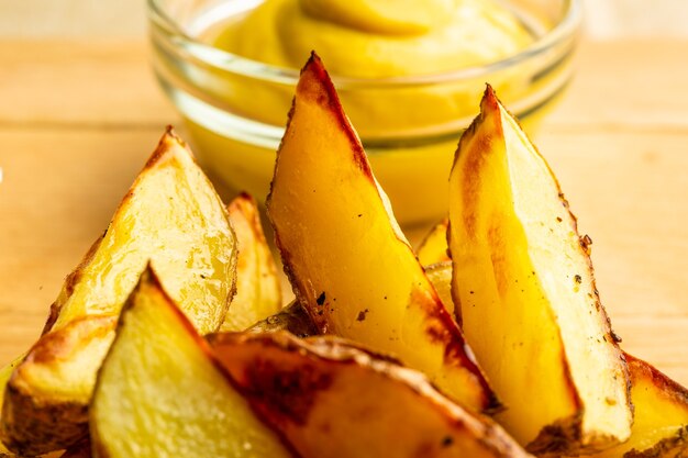 Cerca de las sabrosas patatas fritas frescas acostado sobre la tabla de cortar con mostaza en un tazón de vidrio.