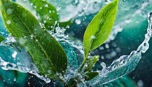 Foto cerca de salpicaduras de agua limpia y hojas verdes