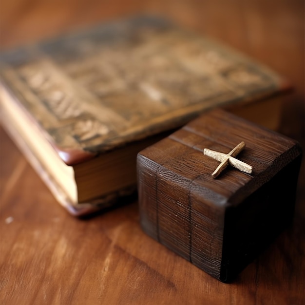 Cerca de una santa biblia y una cruz cristiana sobre una mesa de madera Feliz viernes santo o concepto de religión