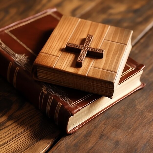 Foto cerca de una santa biblia y una cruz cristiana sobre una mesa de madera feliz viernes santo o concepto de religión