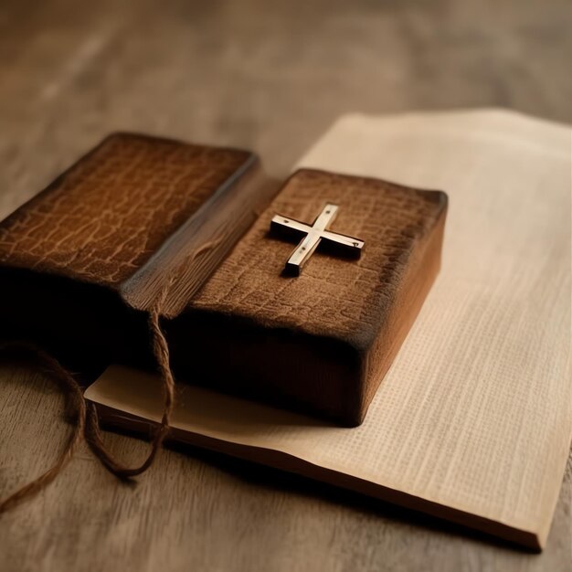 Cerca de una santa biblia y una cruz cristiana sobre una mesa de madera Feliz viernes santo o concepto de religión