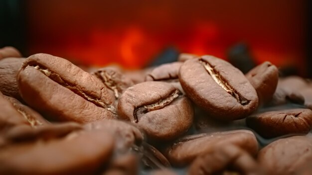Cerca de semillas de café. Los granos de café fragantes son humo tostado que proviene de los granos de café.