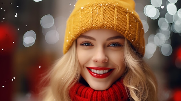 De cerca sonriente chica rubia de belleza con sombrero amarillo tejido con nieve cayendo en la víspera de Navidad
