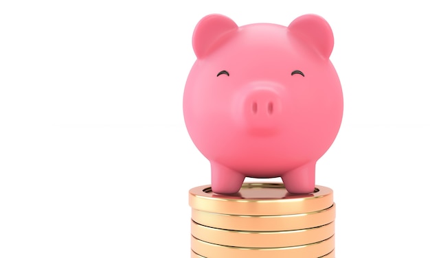 Cerca de una sonrisa alcancía rosa en la moneda de oro sobre fondo blanco. Concepto de ahorro y economía de dinero. Render 3D. aislado.