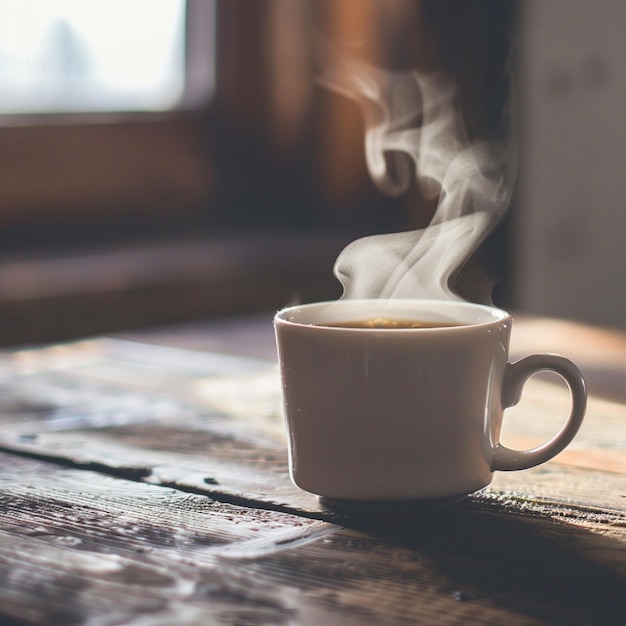 cerca de la taza de café en la mesa de madera el vapor se elevajpg