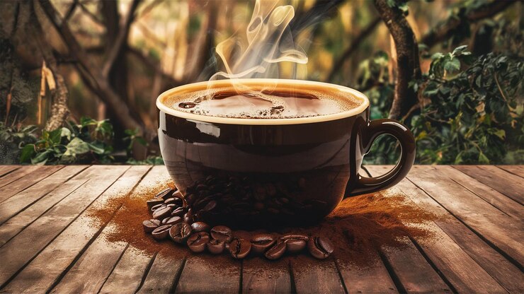 Cerca la taza de café en la mesa de madera el vapor que se levanta del café