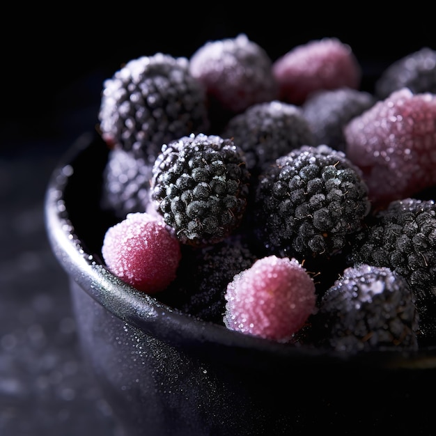 Cerca de un tazón negro de moras congeladas heladas