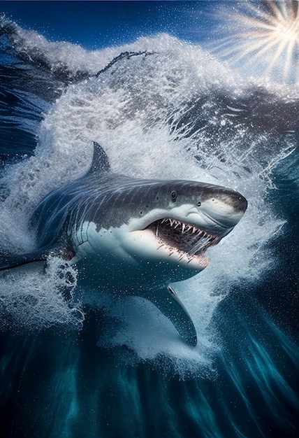 Cerca de tiburón en el agua con sol que brilla ai generativo