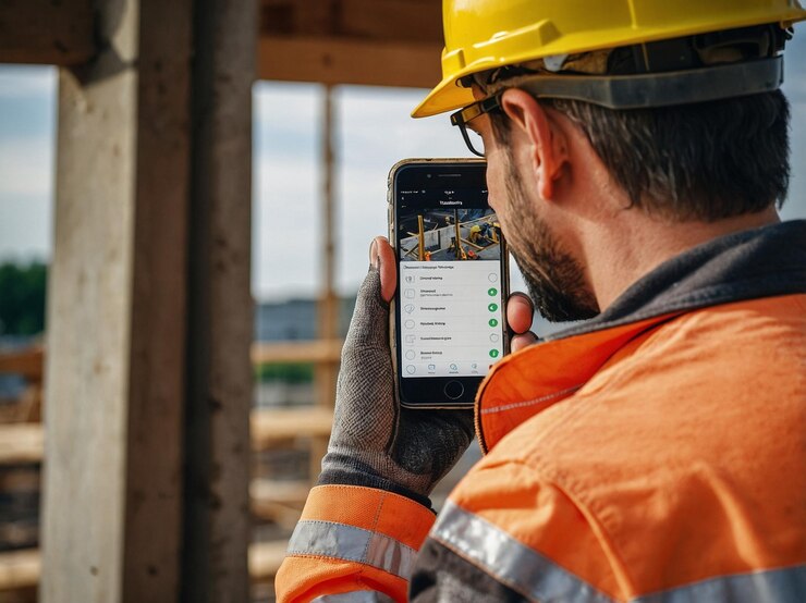 Foto cerca de trabajador de la construcción con teléfono móvil