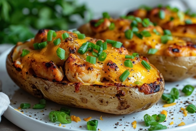 Foto cerca de tres patatas al horno en la chaqueta relleno de pollo cebollas verdes y queso cheddar en el plato blanco