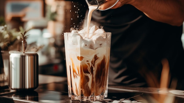 Cerca de un vaso de café con leche y una taza de café.