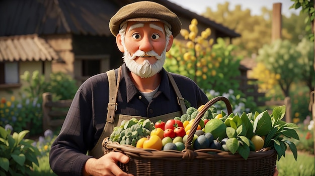 Cerca de un viejo granjero sosteniendo una canasta de verduras, el hombre está parado en el jardín
