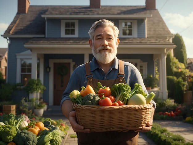 Cerca de un viejo granjero sosteniendo una canasta de verduras el hombre está de pie en el jardín