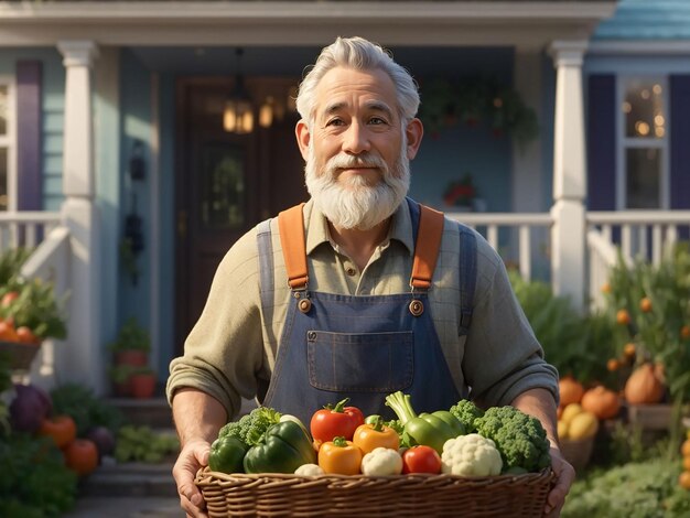 Cerca de un viejo granjero sosteniendo una canasta de verduras el hombre está de pie en el jardín