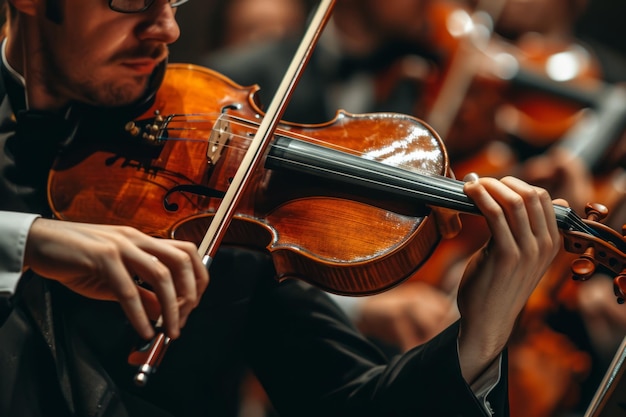 Cerca del violinista tocando el violín con una orquesta