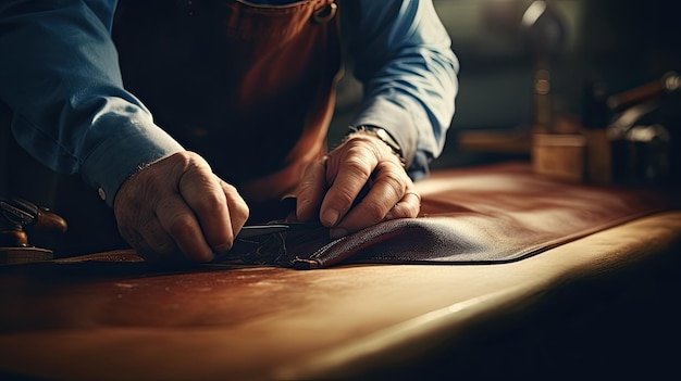 Cerca de un zapatero trabajando con cuero textil