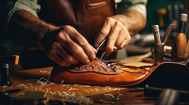 Cerca de un zapatero trabajando con cuero textil