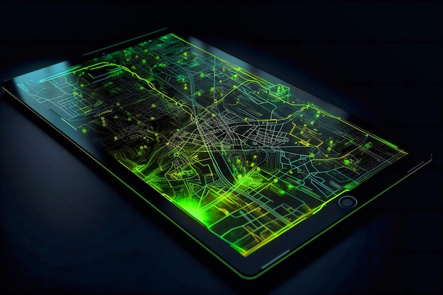 Foto cercado por um fundo verde e amarelo vibrante, um tablet avançado exibe diagramas detalhados que transformam dados em inteligência acionável