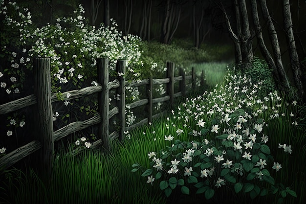 Cercas de bosque verde oscuro y flores blancas de pradera en primavera creadas con ai generativo