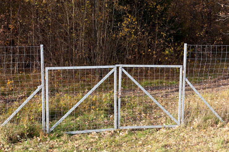 Foto cercas de metal próximo à mata, que protegem e garantem a segurança dos animais da faixa de rodagem, parte da cerca que delimita a mata e a estrada