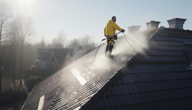 Una cerda en el techo de una casa siendo desempolvada al estilo de superficies muy pulidas.