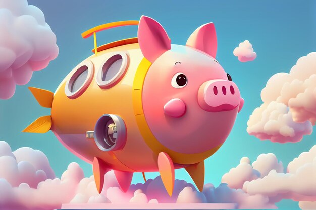 Un cerdito en un avión rosa en el cielo