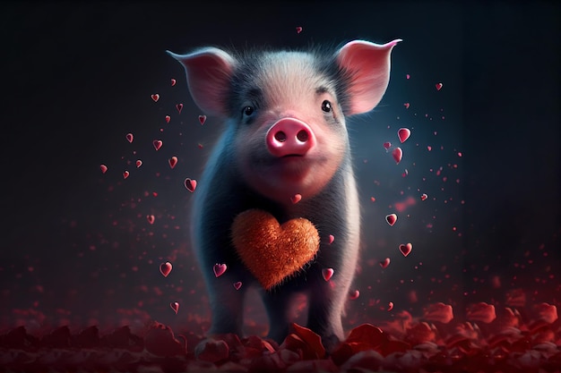 Cerdito enamorado postal para el día de los enamorados Generative Ai