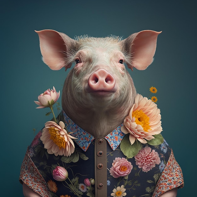 cerdito en la flora floral florecientes trajes de flores