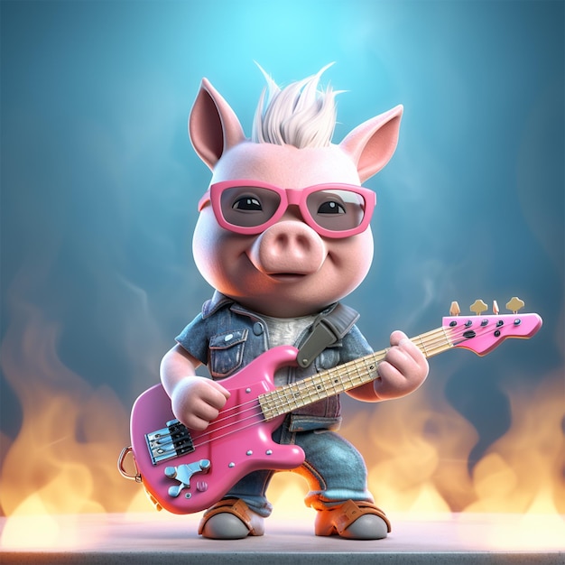 Un cerdito de pelo rosa tocando una guitarra rosa.