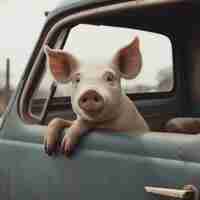 Foto cerdito en la ventana de un coche viejo