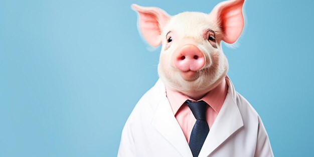Cerdo en un abrigo médico blanco en un fondo azul cerdo médico copia espacio