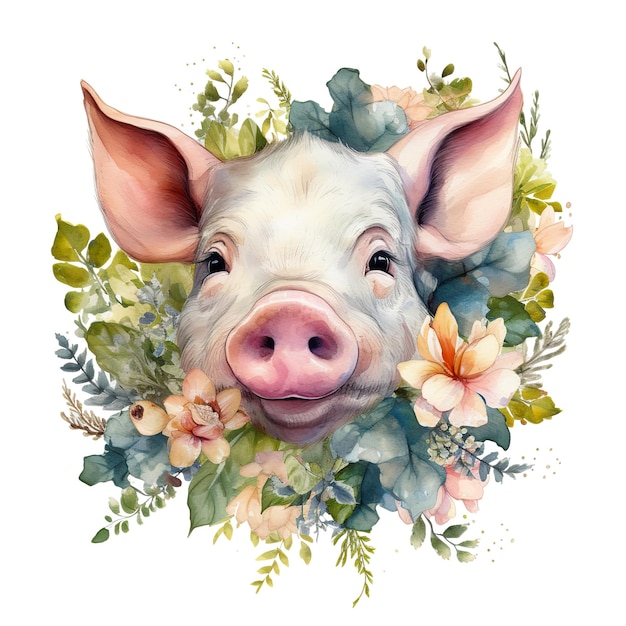 Cerdo de acuarela con flores y botánicos en un fondo blanco aislado