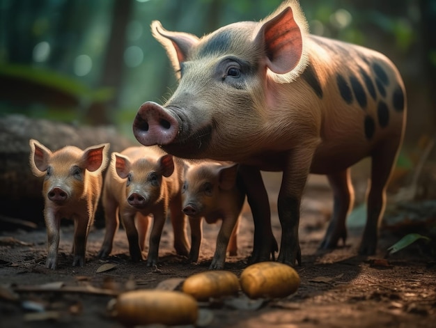 Cerdo adulto con crías IA generativa