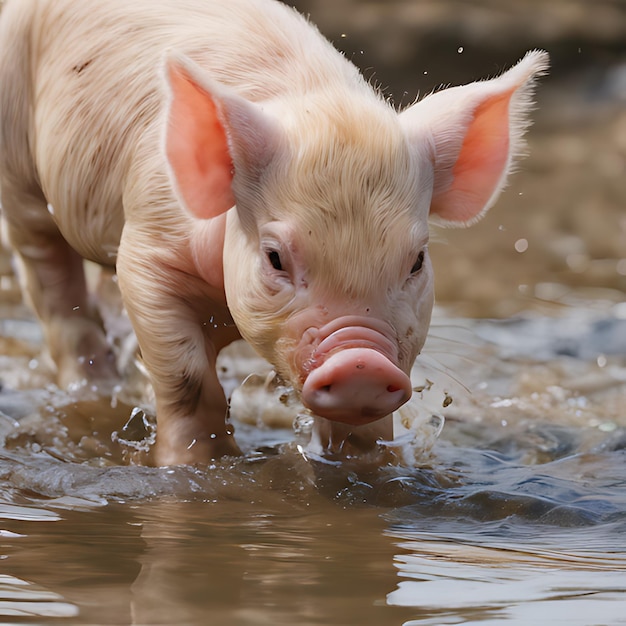 Foto un cerdo en el agua está bebiendo agua