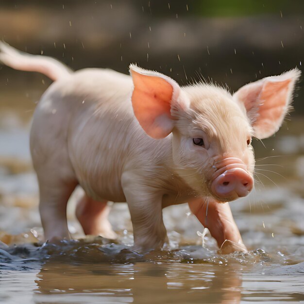 Foto un cerdo en el agua está bebiendo de un charco