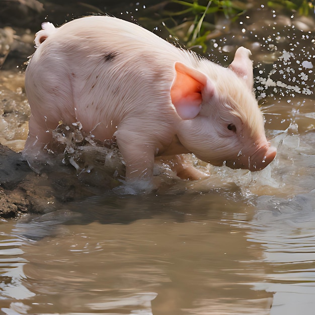 un cerdo en el agua está corriendo a través del barro