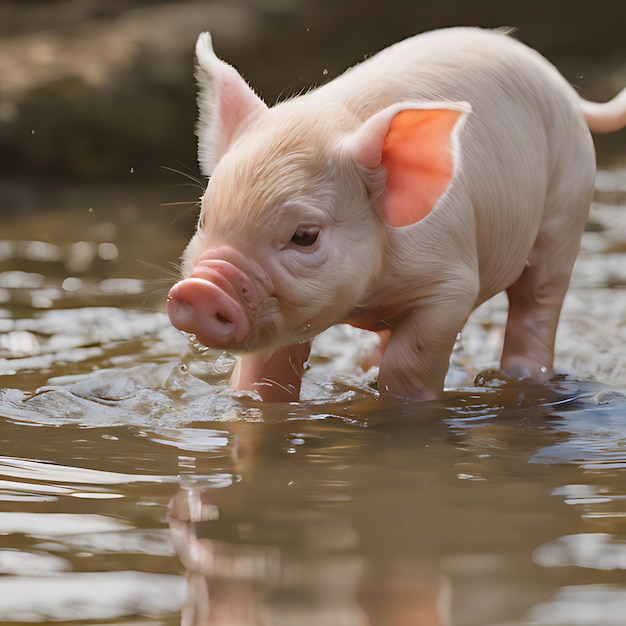 un cerdo en el agua está nadando en un estanque