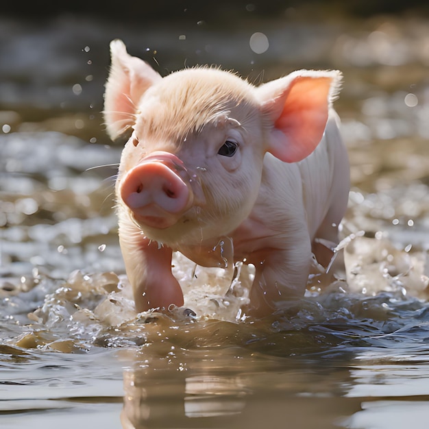 un cerdo en el agua está nadando en un río