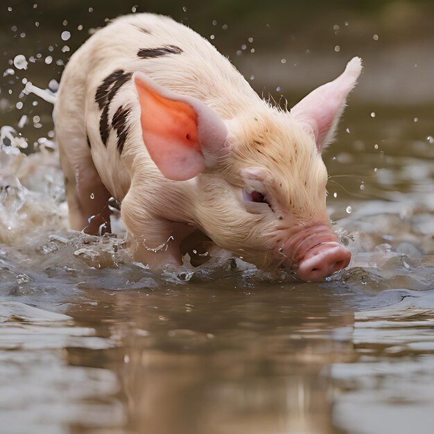 un cerdo en el agua con una mancha negra en la cabeza