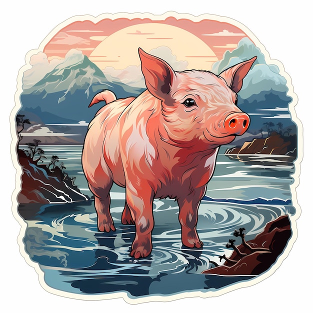 un cerdo en el agua con montañas al fondo.