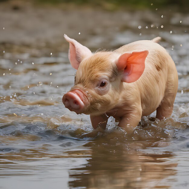 un cerdo en el agua con una nariz rosa