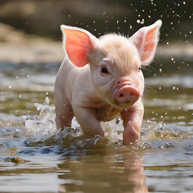 un cerdo en el agua con un palo en la boca