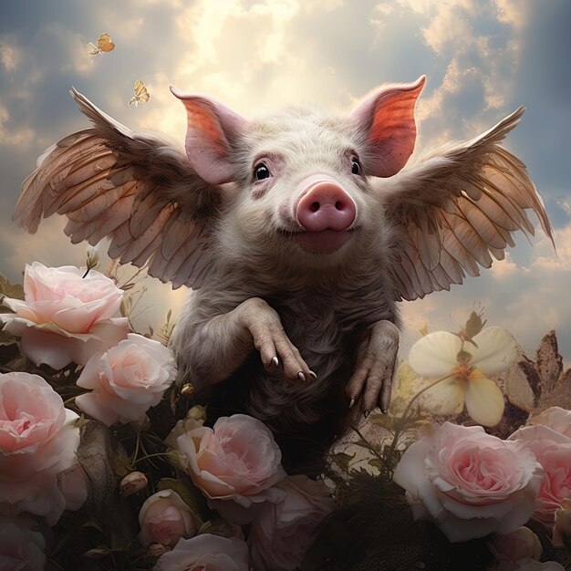 Foto un cerdo con alas que está mirando hacia el cielo