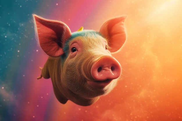 Un cerdo con un arcoíris en la cabeza.