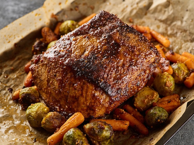 Cerdo asado con zanahoria y brócoli Lomo de cerdo asado con hierbas y verduras