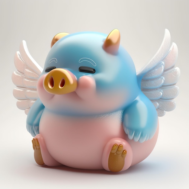 Foto un cerdo azul y rosa con alas que dice 