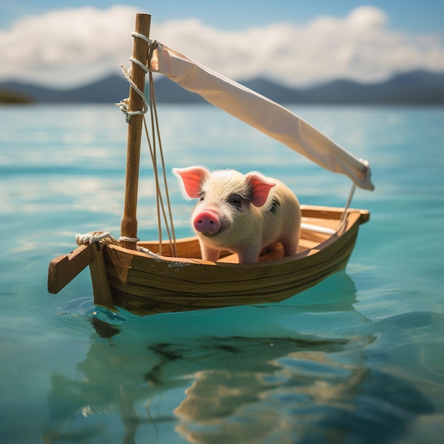 Un cerdo en un barco con una vela