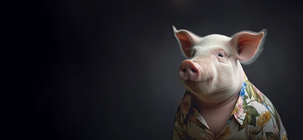 Un cerdo blanco posando con una camisa hawaiana al estilo de un retrato conceptual con un fondo oscuro IA generativa